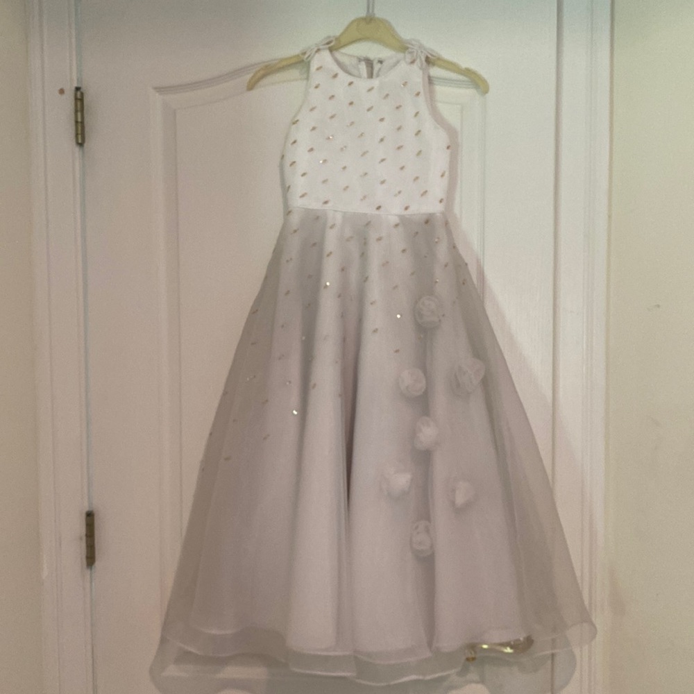 Never worn long formal white dress with gold accents